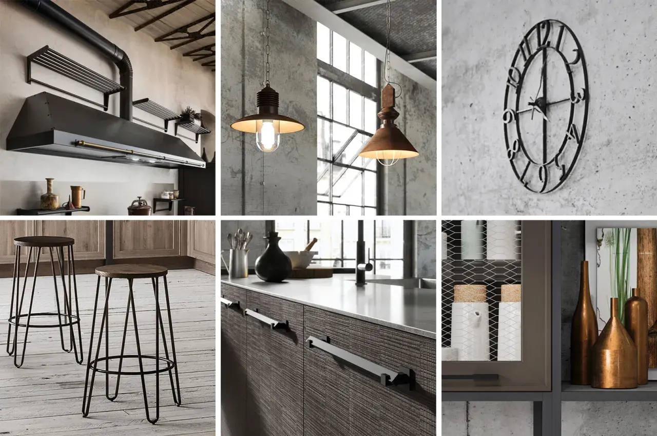 Cucina con cappa in stile industriale, lampade a sospensione, sgabelli in metallo e dettagli in cemento.