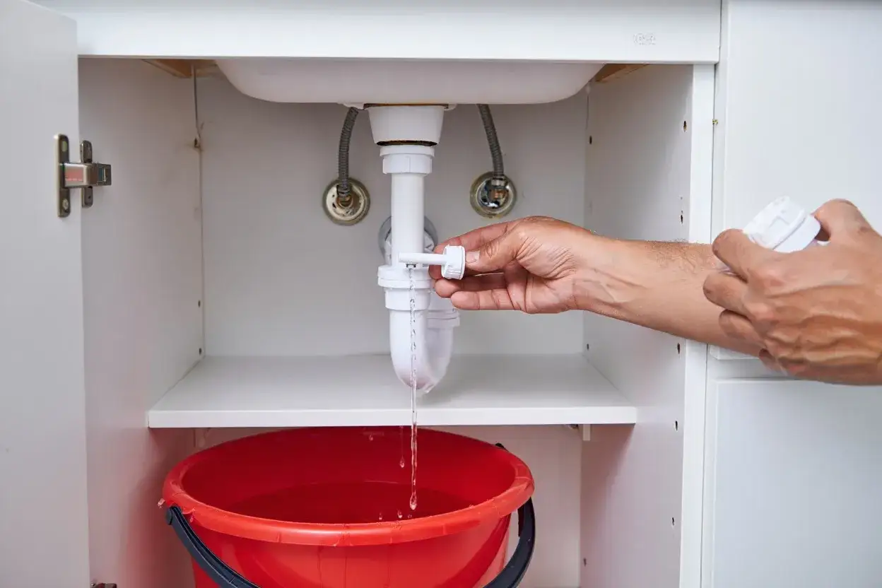 Hand unscrewing a drain pipe fitting, with water dripping into a red bucket below.