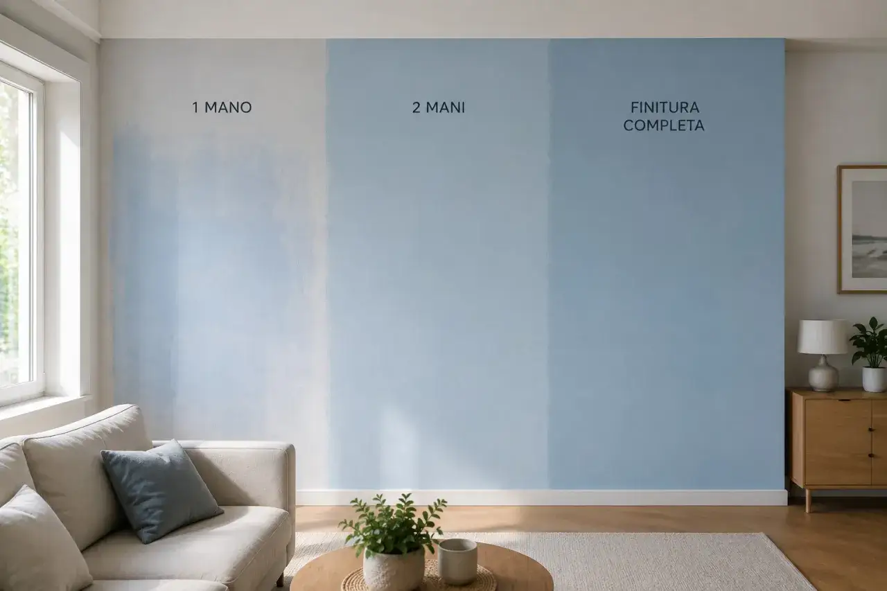 Esempio di come pitturare una parete: una sezione mostra una mano, un'altra due mani e l'ultima la finitura completa, con sfumature di blu.
