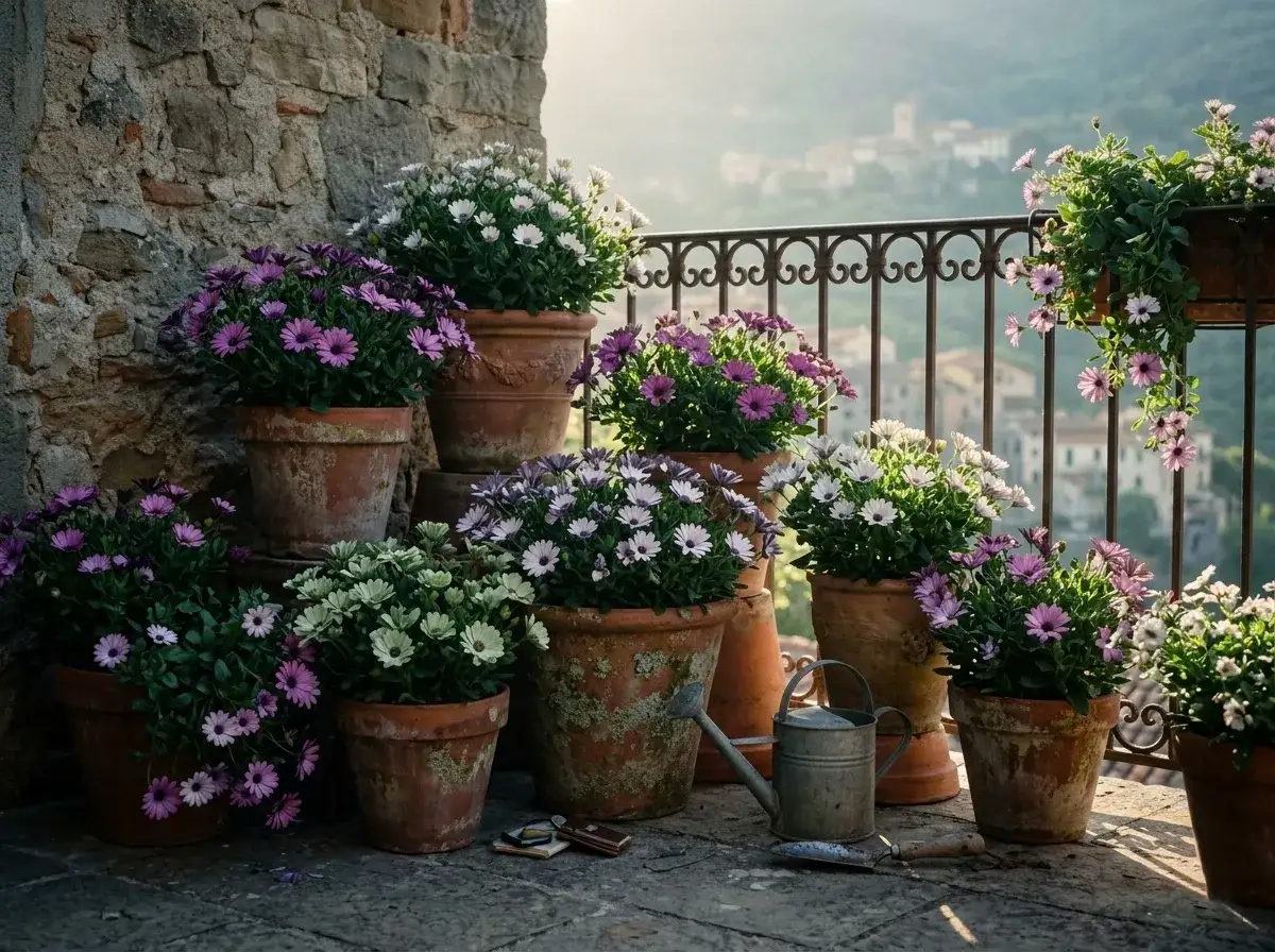 Vasi di terracotta pieni di dimorfoteca in fiore, viola e bianchi, su un balcone con vista su un borgo. Un annaffiatoio vintage completa la scena.