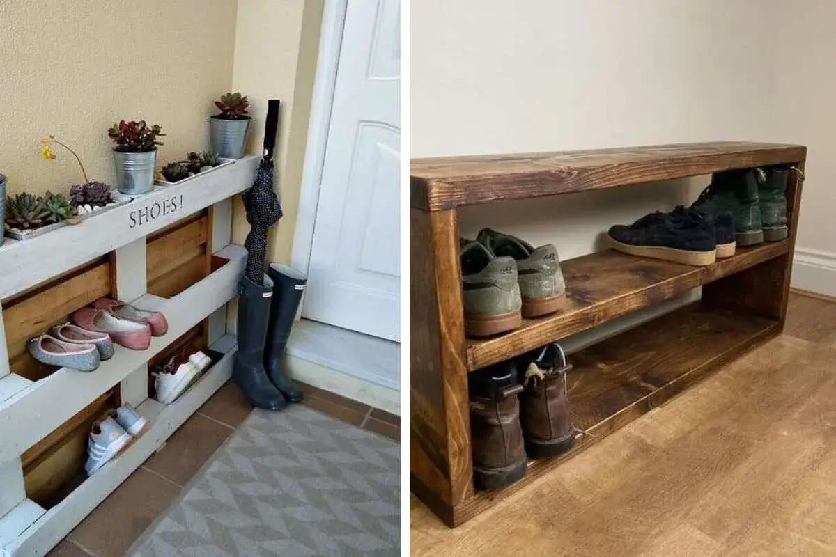 Scarpiera con pallet fai da te, con scarpe e stivali ordinati. Un'altra scarpiera in legno scuro, anch'essa fai da te, ospita diverse paia di scarpe.