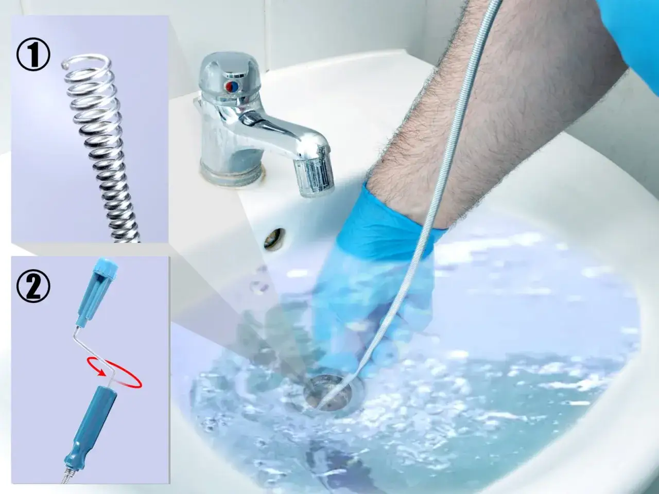 Guida per sturare il bidet: mostra uno strumento a molla e un'impugnatura, con una mano guantata che inserisce la molla nello scarico.