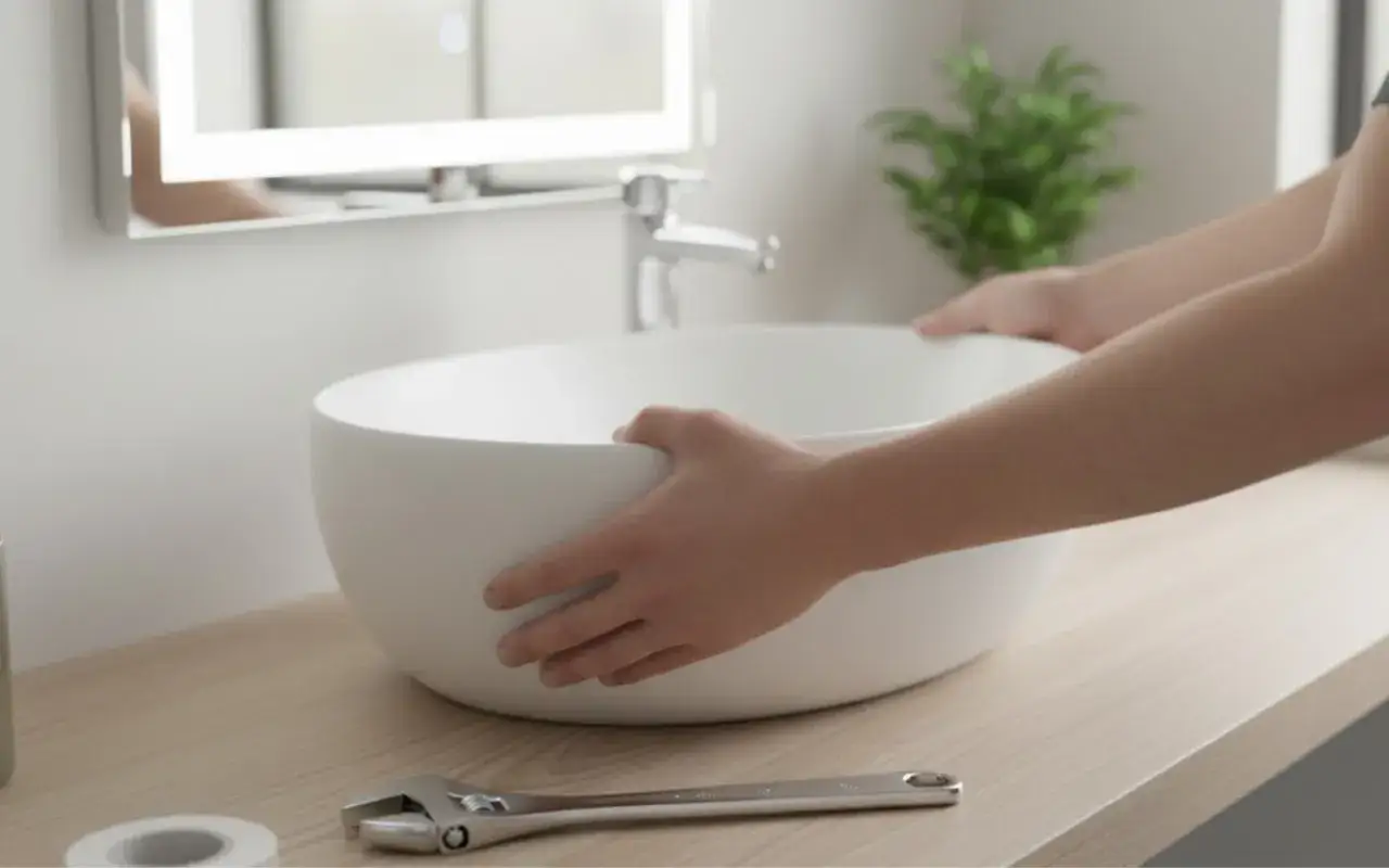 Mani che posizionano un lavandino per il montaggio rubinetto lavandino bagno. Chiave inglese e nastro sul piano.