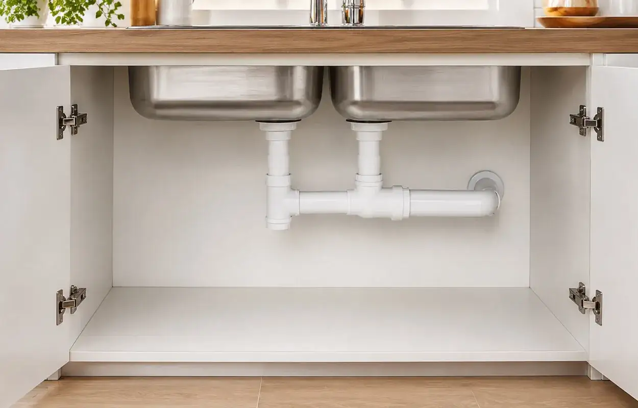 Sottolavello cucina con doppio lavabo in acciaio inox e il montaggio dello scarico.