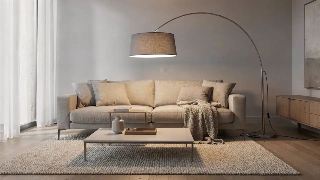 Un divano beige morbido, cuscini soffici e una coperta invitano al relax. Lampada ad arco e tavolino creano salotti caldi e accoglienti.