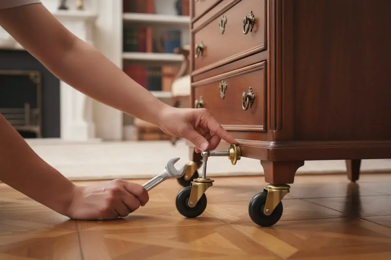 Mano che avvita una rotella a un mobile in legno. Un dettaglio che fa capire quanto costa restaurare un mobile, rendendolo funzionale e bello.
