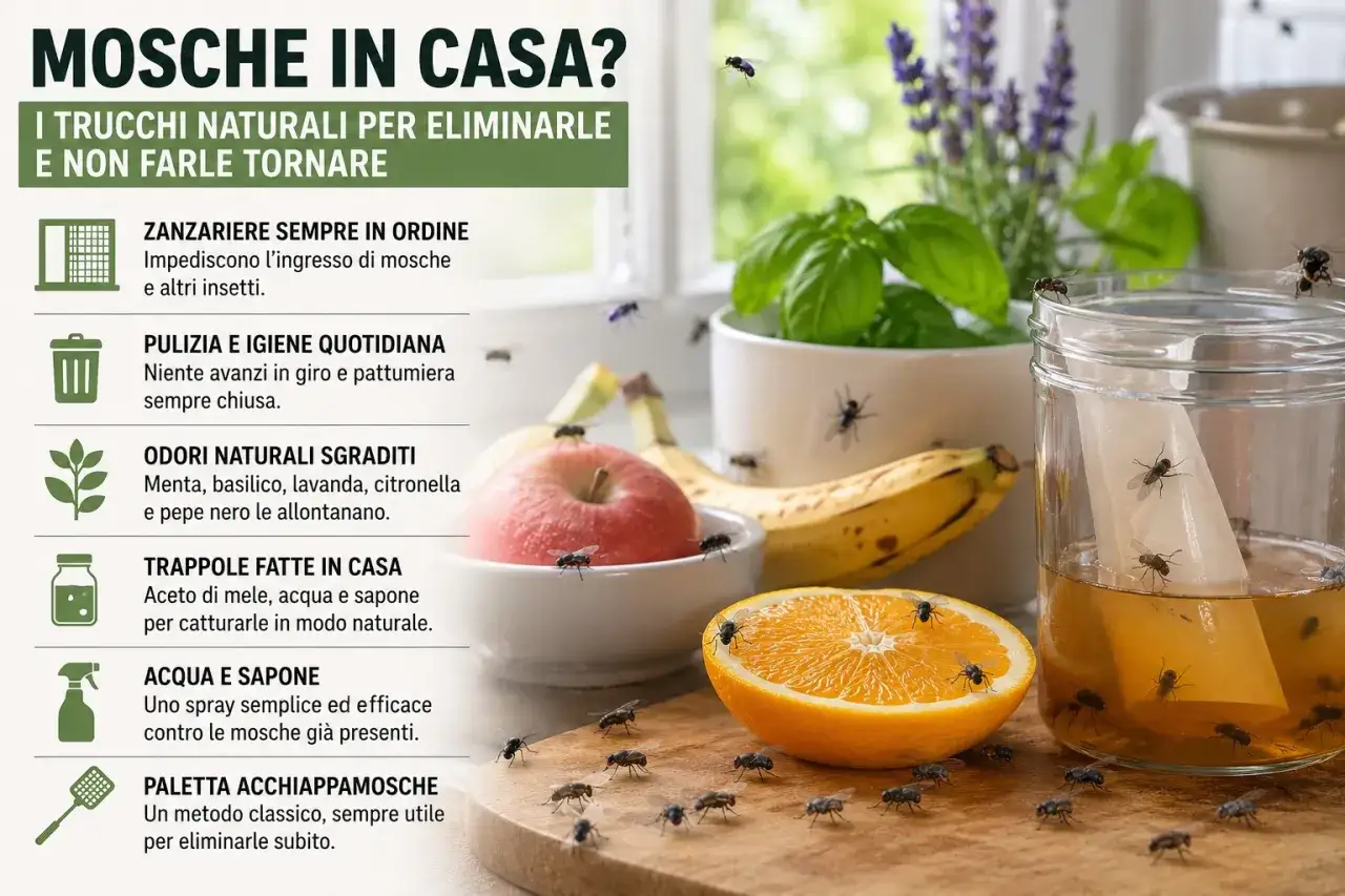 Rimedi naturali contro le mosche in casa: zanzariere, pulizia, odori sgraditi, trappole fai-da-te e spray.