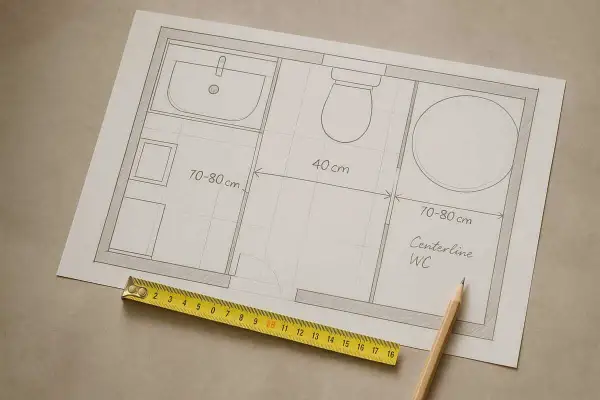 Disegno di un bagno con misure. La distanza scarico WC dal muro è indicata tra 70-80 cm. Metro e matita.