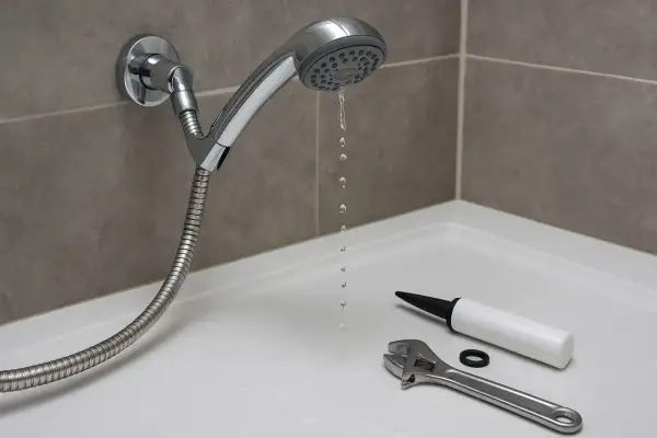 Il rubinetto doccia perde gocce d'acqua. Chiave inglese, silicone e guarnizione pronti per la riparazione.