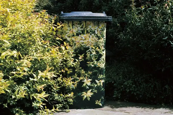 Un bidone per la raccolta differenziata decorato con un motivo floreale, un'idea creativa per contenitori fai da te che si mimetizzano nel verde.