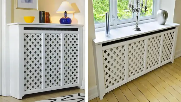 Copritermosifoni fai da te bianchi con motivo a rombi, eleganti e funzionali per ogni ambiente.