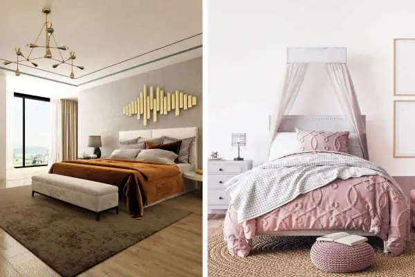 Un letto moderno con coperta color ruggine e un letto da sogno con baldacchino rosa. Idee su cosa mettere davanti al letto.