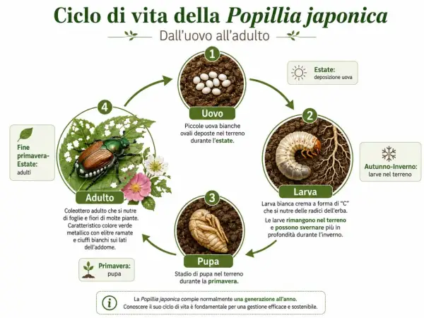 Ciclo di vita della Popillia japonica: uovo, larva bianca a forma di "C" che si nutre di radici, pupa e adulto verde metallico.