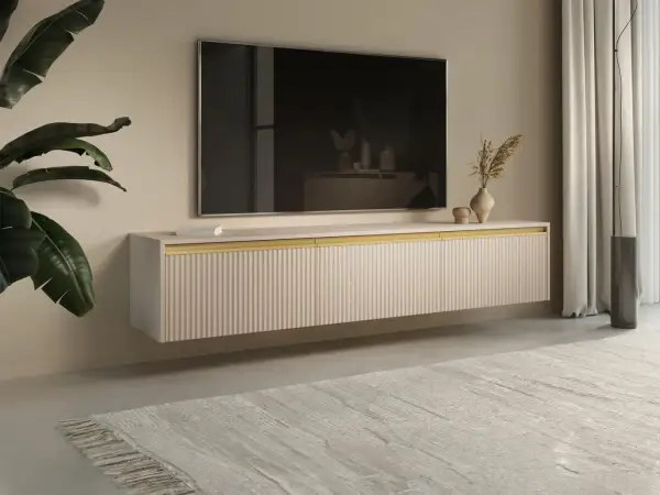 Mobile soggiorno sospeso con ante a coste, elegante e moderno, ideale per organizzare lo spazio.