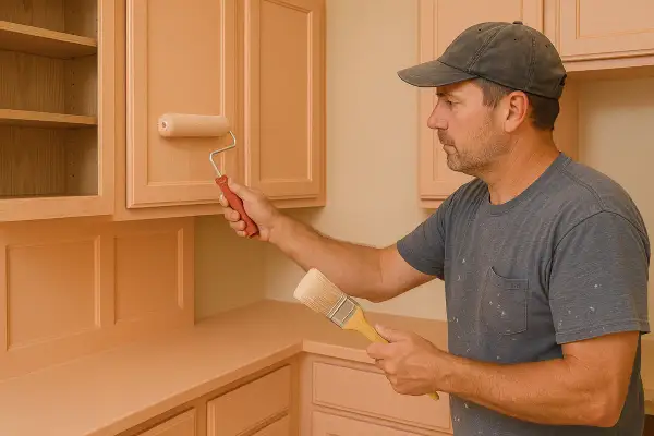 Uomo con cappellino e pennello in mano, mentre effettua la laccatura mobili di una cucina con un rullo.