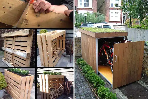 Idee per nascondere bidoni fai da te con pallet: fioriere, porta legna e capanno per bici con tetto verde.
