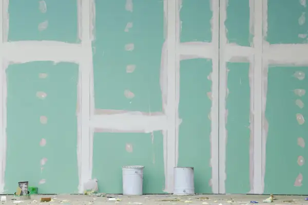 Parete in cartongesso verde con stuccatura delle giunture. Due secchi bianchi in primo piano, detriti sul pavimento. Le misure lastre cartongesso sono fondamentali per questo lavoro.